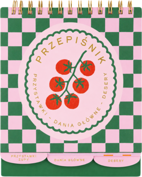 Kulinarny notes Przepiśnik w różowo-zieloną kratę ze spiralą, ilustracja pomidorów, zakładki.