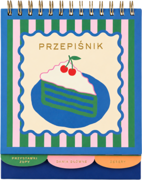 Kolorowy przepiśnik spiralny z okładką w paski, ilustracją tortu z wiśniami, napisem 'PRZEPIŚNIK'. Widoczne zakładki.