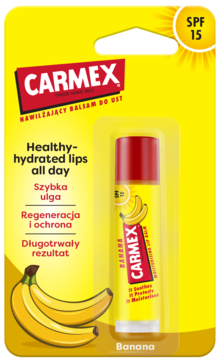 Nawilżający balsam do ust Carmex bananowy SPF 15 w żółtym blistrze, z przodu, z grafiką bananów.