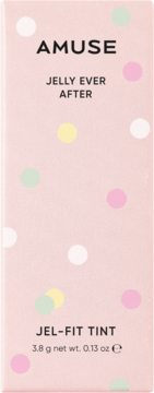 AMUSE JEL-FIT TINT, jasnoróżowe pudełko z kolorowymi kropkami, kolekcja Jelly Ever After, widok z przodu.