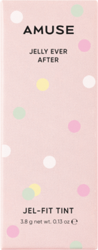 Różowe pudełko tintu AMUSE JEL-FIT TINT z linii JELLY EVER AFTER, zdobione pastelowymi kropkami.