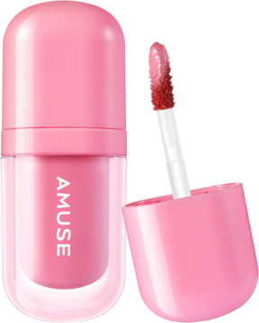Różowy tint do ust AMUSE w kapsułkowym opakowaniu, widok zamkniętej buteleczki i otwartej z aplikatorem.