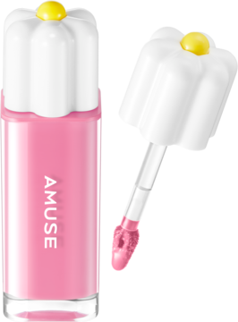 Amuse różowy tint do ust w przezroczystej butelce z kwiatową nakrętką. Widok z zamkniętym i otwartym aplikatorem.