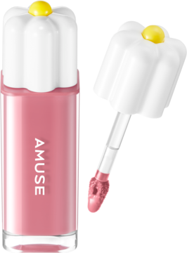 Różowy tint do ust AMUSE, butelka z logo i kwiatową nakrętką oraz aplikator z produktem.