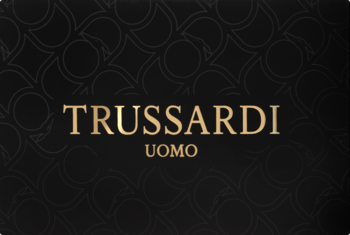 Złote logo Trussardi Uomo na eleganckim, czarnym tle z subtelnym wzorem. Branding męskich perfum.