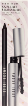 Bobbi Brown Kajal Liner i Mascara Duo: czarna kredka i tusz do rzęs, srebrne opakowanie, świąteczne tło.