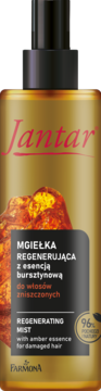Złota butelka Jantar Regenerating Mist z bursztynem do włosów zniszczonych, czarna etykieta, widok z przodu.