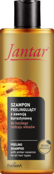 Szampon peelingujący Jantar z esencją bursztynową do każdego rodzaju włosów, złota butelka, widok z przodu.