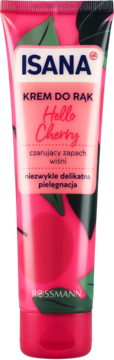 Różowy krem do rąk Isana Hello Cherry o zapachu wiśni, w tubce z zielonymi liśćmi, widok z przodu.