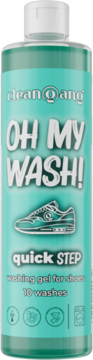 Teal płyn Clean@ang OH MY WASH! Quick Step do prania butów, butelka z białym korkiem, widok z przodu.
