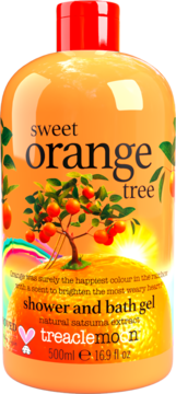 Treaclemoon Sweet Orange Tree shower and bath gel, front view of vibrant orange bottle, red cap, orange tree art. Satsuma, 500ml.