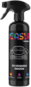ADBL Easy: środek do usuwania owadów. Czarna butelka spray, etykieta z kolorowym logo i grafiką auta. Widok z przodu.