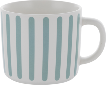 Biały kubek ceramiczny z pionowymi, błękitnymi paskami, widok z przodu. Solidny uchwyt, idealny na napoje.