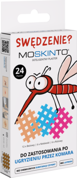 Białe opakowanie plastrów MOSKINTO na swędzenie po ukąszeniach komarów. Z przodu wesoły komar, 24 sztuki.
