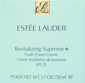 Jasnoniebieskie opakowanie Estée Lauder Revitalizing Supreme+ Youth Power Creme SPF 25, widok z przodu.
