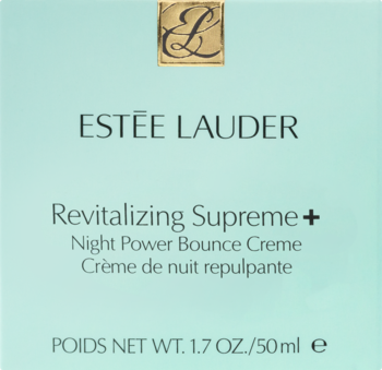 Estée Lauder Revitalizing Supreme+ Night Power Bounce Creme w jasnoniebieskim kartoniku z złotym logo EL, widok z przodu.