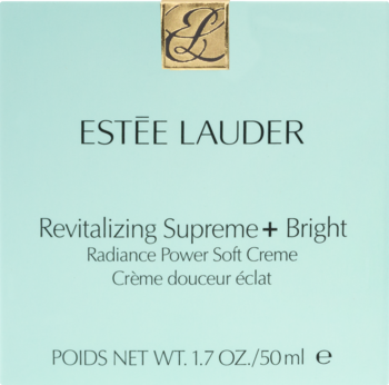 Jasnoniebieskie pudełko Estée Lauder Revitalizing Supreme + Bright, 50ml. Nawilżający krem z witaminą C.