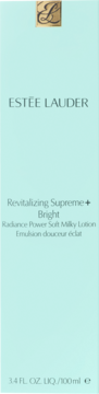 Estee Lauder Revitalizing Supreme+ Bright Radiance Lotion 100ml w jasnoniebieskim pudełku z złotym logo, widok z przodu.