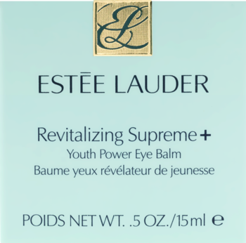 Estee Lauder Revitalizing Supreme+ Youth Power Eye Balm w jasnoniebieskim kartoniku, z przodu, złotym logo.
