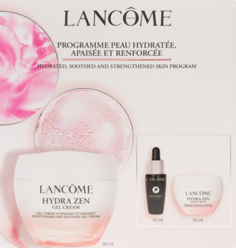 Zestaw Lancôme Hydra Zen: nawilżający krem-żel 50ml, serum Génifique 10ml, krem na noc 15ml, jasne tło.