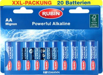 Widok z przodu niebieskiego opakowania 20 baterii alkalicznych Rubin AA Mignon, XXL-PACKUNG.