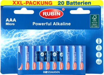 Opakowanie XXL 20 baterii alkalicznych AAA Micro Rubin, niebiesko-biały blister, widok z przodu.