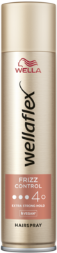 Złoty lakier do włosów Wella Wellaflex Frizz Control 4 Extra Strong Hold, z wegańską etykietą, widok z przodu.