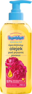 Bambino Piwonia hiperdelikatny olejek pod prysznic dla suchej skóry, 250ml, butelka z niebieską pompką.