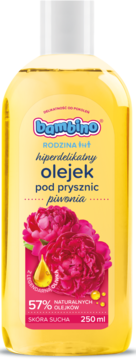 Bambino Rodzina hiperdelikatny olejek pod prysznic Piwonia, 250ml, w żółtej butelce z różowymi kwiatami.