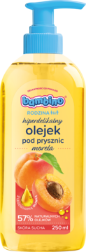 Bambino Rodzina hiperdelikatny olejek pod prysznic morela, 250ml. Żółta butelka z niebieską pompką, widok z przodu.