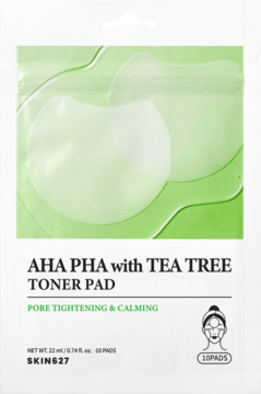 SKIN627 AHA PHA TEA TREE TONER PAD, biała saszetka, zielony motyw, widok z przodu, z 2 okrągłymi płatkami.
