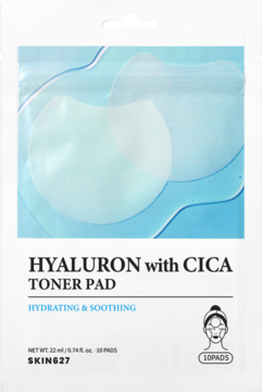 SKIN627 Hyaluron with Cica Toner Pad, biała saszetka z 10 nawilżającymi płatkami do skóry wrażliwej.