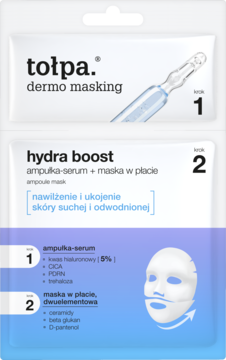 Tołpa Dermo Masking Hydra Boost, dwuetapowa maska z ampułką nawilżająca do suchej skóry. Biało-niebieskie opakowanie, widok przodem.