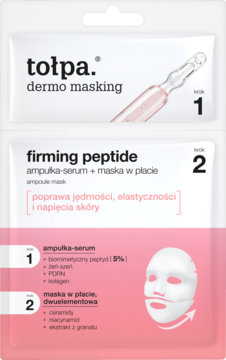 Tołpa Dermo Masking Firming Peptide, dwuetapowa maska ujędrniająca w białym opakowaniu z różowym akcentem.