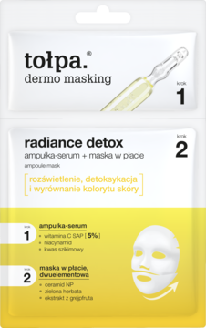 tołpa dermo masking radiance detox, dwufazowy zabieg rozświetlający: ampułka i maska w płachcie, żółto-białe opakowanie.