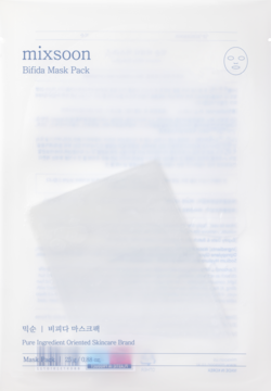 mixsoon Bifida Mask Pack, biała saszetka z niebieskim napisem, rewitalizująca maseczka w płachcie, widok z przodu.