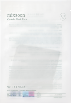 Białe opakowanie maseczki w płachcie mixsoon Centella Mask Pack, widok z przodu. Minimalistyczny design, kojąca dla cery wrażliwej.