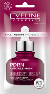 Eveline PDRN Ampoule-Mask, różowa saszetka, ampułka z kroplomierzem, regeneracja, ukojenie, widok z przodu.