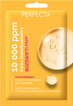 Perfecta 10 000 ppm rozświetlająca maska w płacie z kwasem traneksamowym, żółto-pomarańczowa saszetka, widok z przodu.
