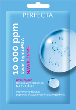 Nawilżająca maska Perfecta 10 000 ppm Kwas PGA na tkaninie, w błękitnej saszetce z kroplami wody.