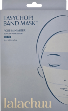 Opakowanie Lalachuu EASYCHOP! BAND MASK Pore Minimizer, szaro-niebieskie, z liniowym rysunkiem twarzy kobiety.