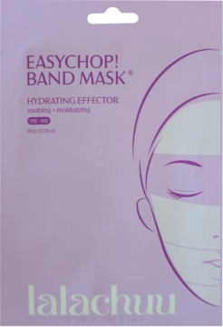 Fioletowa saszetka maski w płachcie Lalachuu Easychop! Band Mask Hydrating Effector, z grafiką twarzy.