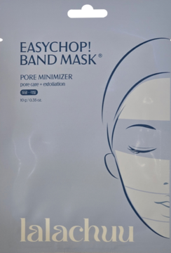 Lalachuu EASYCHOP! Band Mask Pore Minimizer, biała saszetka z rysunkiem, tekst 'pore care + exfoliation', przód.