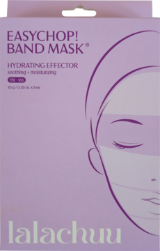 Lalachuu Easychop! Band Mask Hydrating Effector, jasnofioletowe pudełko z grafiką twarzy, widok z przodu.