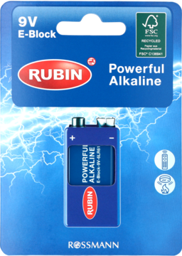 Rubin 9V E-Block Powerful Alkaline bateria w niebieskim blistrze z piorunami, przód opakowania Rossmann.