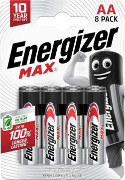 Opakowanie Energizer Max AA 8-pak baterii alkalicznych, szare z czerwonym logo, info o 10-letniej trwałości i dłuższej pracy.