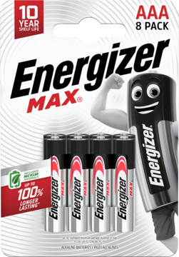 Opakowanie 8 baterii Energizer Max AAA, widok z przodu, z kreskówkową baterią i informacjami o trwałości.