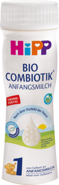 HiPP BIO Combiotik Anfangsmilch: biała butelka gotowego mleka dla niemowląt od urodzenia, widok z przodu.