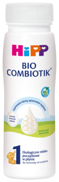 HiPP BIO COMBIOTIK ekologiczne mleko początkowe w płynie, butelka biała, nr 1, widok przodem.