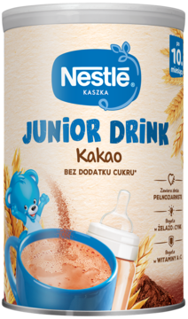 Puszka Nestlé Junior Drink Kakao, napój zbożowy bez dodatku cukru, z kubkiem kakao i misiem, widok z przodu.